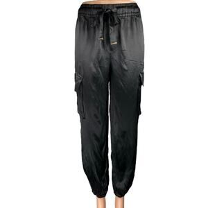 Rachel Zoe Black Silky Satin Drawstring Tapered Trousers Joggers Cargo Pants XS